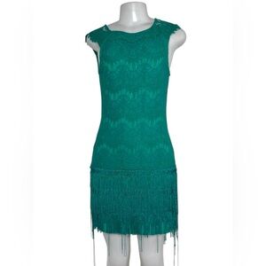 Agatha M Green Lace Fringe Flapper Dress 20s Style Beaded Gatsby Cocktail Party